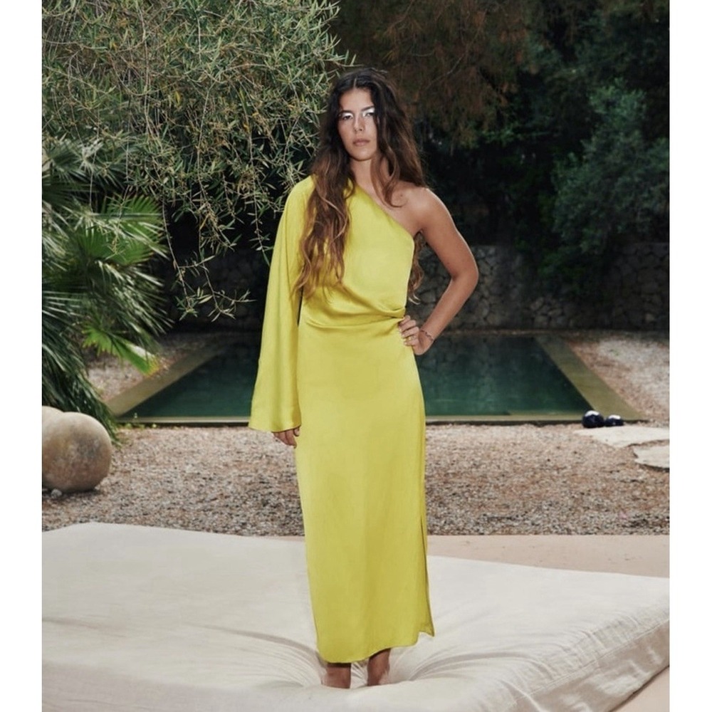 Zara Dress Satin Effect Asymmetrical One Shoulder Sz Med Brat Lime Green NWT